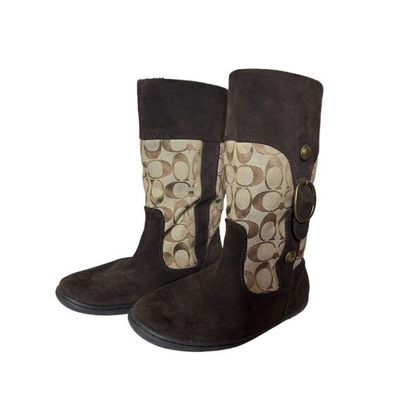 Coach Meyer Khaki Chestnut Brown C Logo Signature & Suede Boots Brass Sz 6.5 - Picture 3 of 9